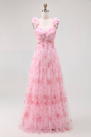 Blush Floral Printed A Line Tulle Long Bridesmaid Dress with Ruffles